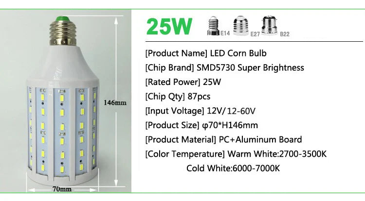 12-60v led corn bulbs smd 5730 12v 24v 36v 48v 60v LED corn light 7w 10w 15w 18w 25w 30W E27 B22 warm/cool white