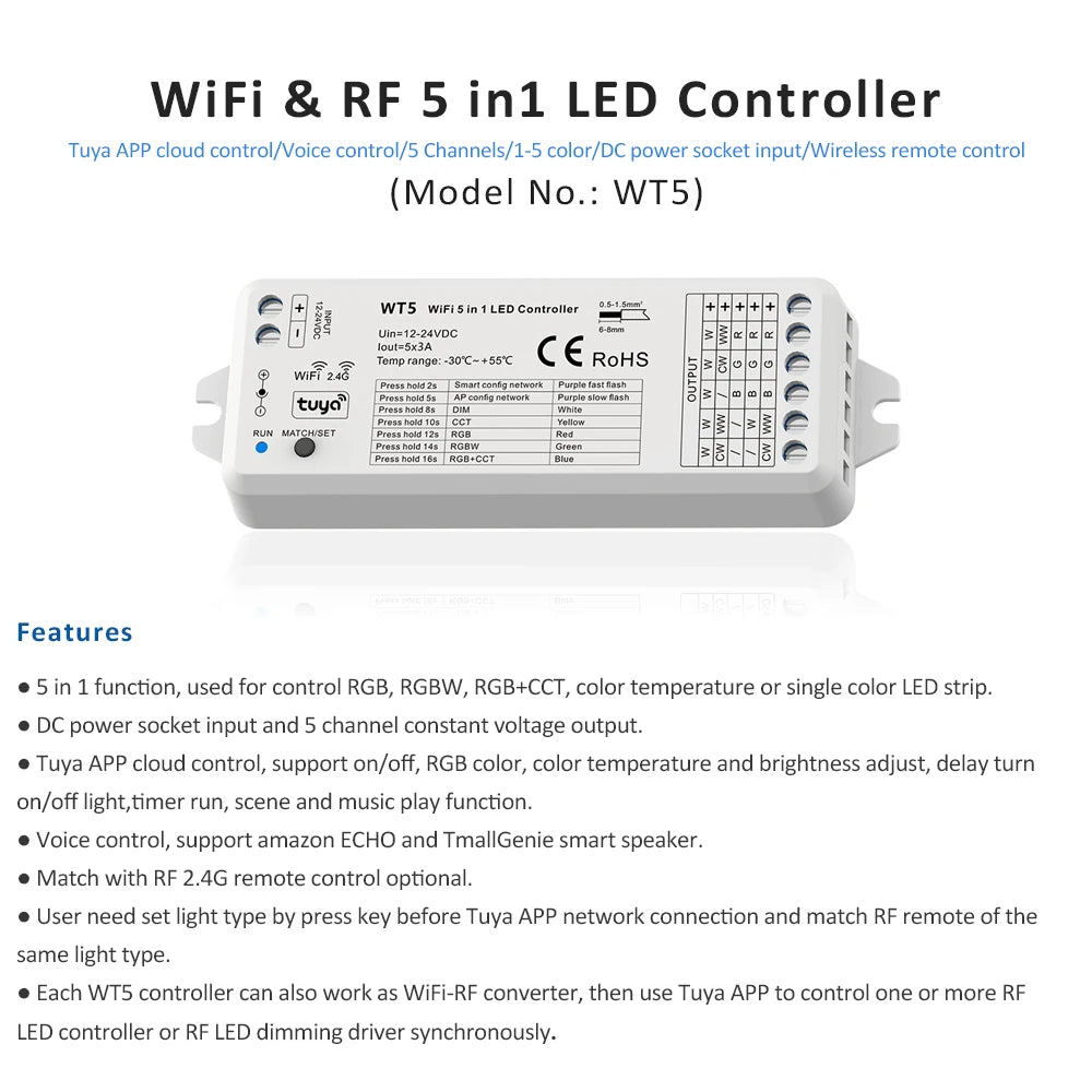COB RGBCCT LED Strip 6Pin 840leds/m DC24V Light WT5 Wifi  WZ5 Zigbee 5 in 1 LED Controller 2.4G RF Remote Work With Alexa Google