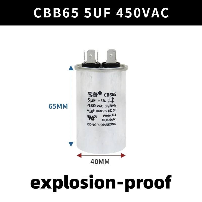 CBB65 450V Motor Capacitor Air Conditioner Compressor Start Capacitor 5uF 6uF 20uF 25uF 30uF 35uF 40uF 45uF 50uF 60uF 70uF