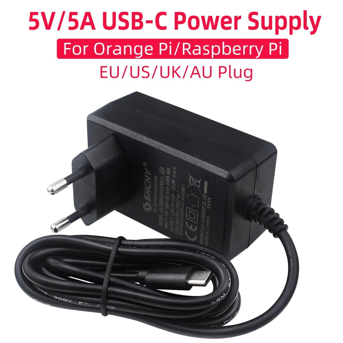5V 5A 25W Power Adapter USB Type C Port Power Supply EU US UK AU Plug Charger for Orange Pi 5 Plus Pro Max Ultra Raspberry Pi 5