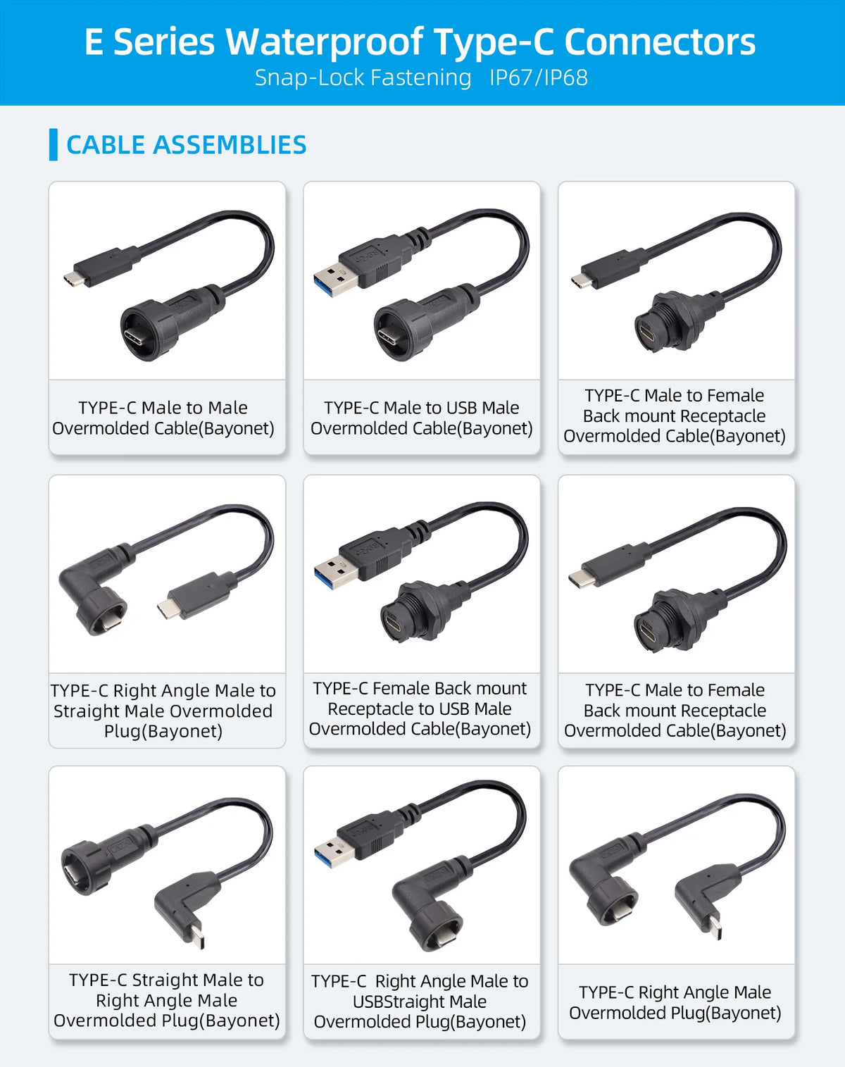 Type-c to USB 3.0 IP67/Ip68 Waterproof Connector Aviation Plug Quick Charge Female to Female Panel Mount PCB Socket FPC Cable