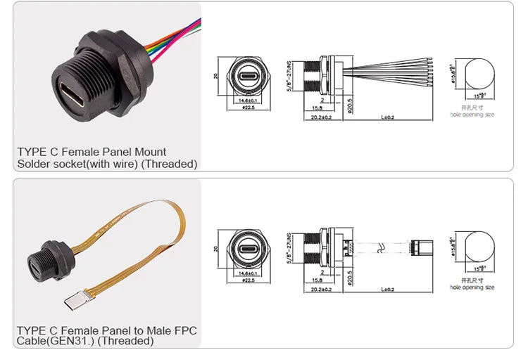 CAZN Waterproof IP67 IP68 Type C Female to Male PFC Flat Cable 3.1 Speed Threaded-type Type-C 3.1 10GB 3A 20V