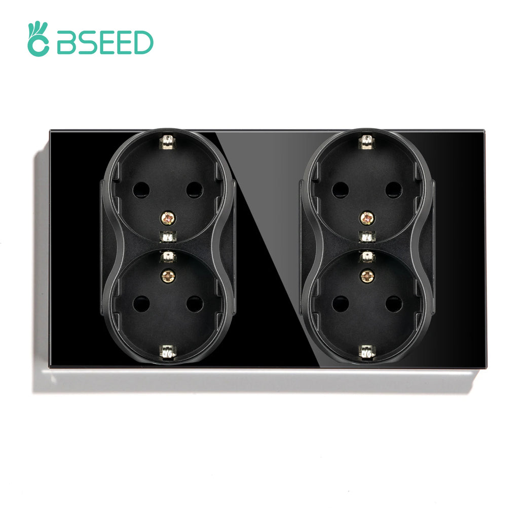 BSEED EU Standard 1/2/3Gang 2Way Wall Touch Switch Light Sensor Switches Wall Socket USB Type-C Crystal Glass Panel 240V Black
