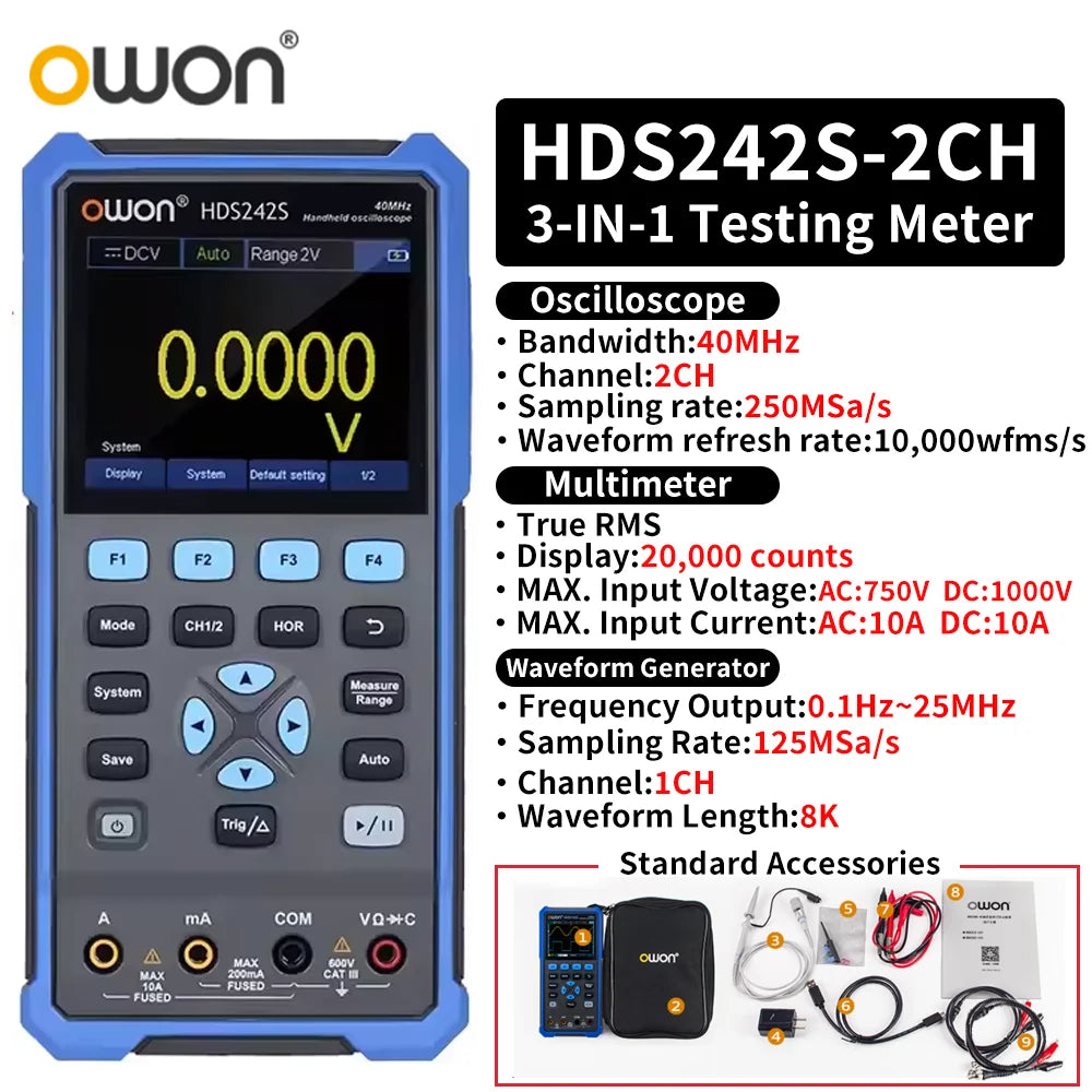 OWON HDS2102S/HDS272S/HDS242S Handheld 3-in-1 Digital Oscilloscope, Signal Generator, Multimeter | 100MHz Bandwidth, 2 Channels