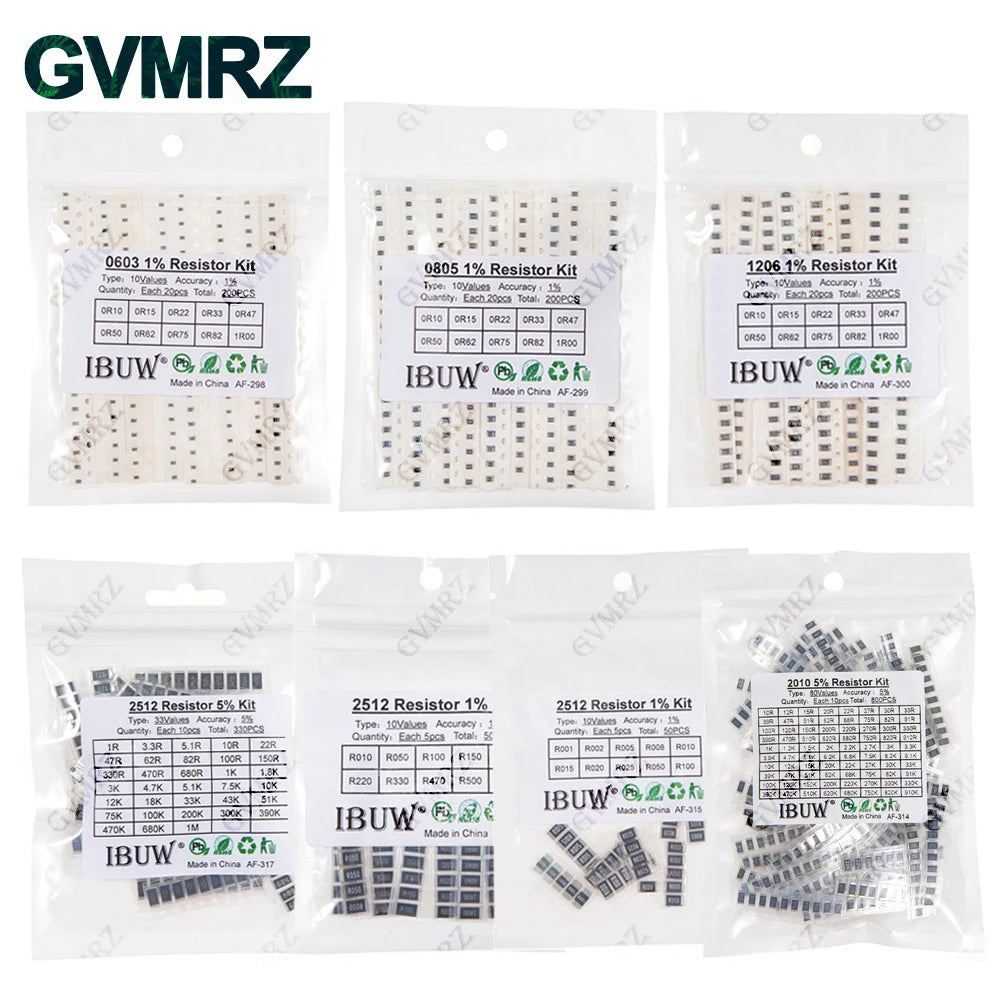 0201 0402 0603 0805 1206 1% 5% SMD Resistor Assorted Kit 1R-1M 10K 100K 1K 100R Resistance Set DIY