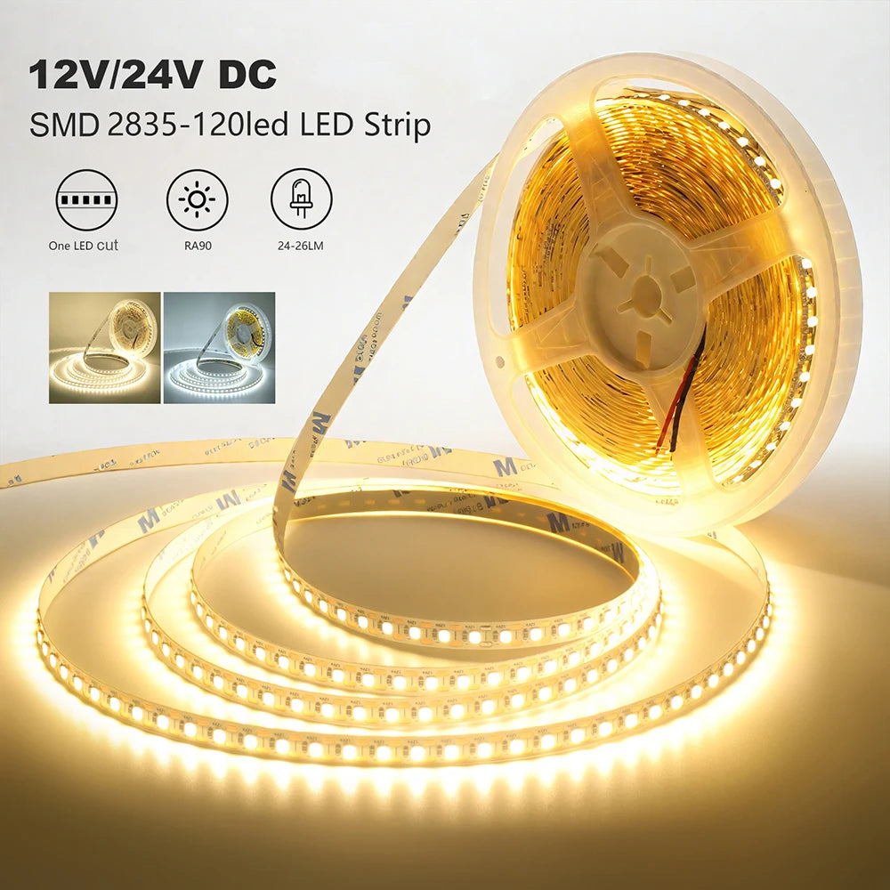 5mm 8mm PCB Led Strip Light 1 LED Cut 12V 24V 5m 2835 SMD 120LEDs/m High Brightness Flexible Tape LED Lighting Ribbon for Home