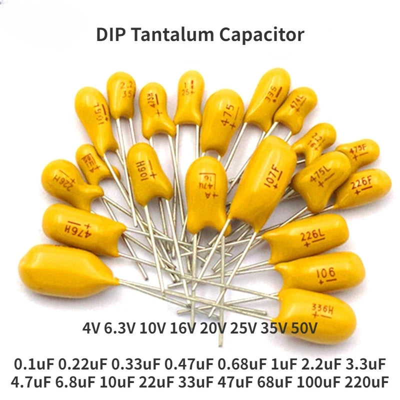 5PCS 10V 16V 25V 35V 50V 1UF 2.2UF 3.3UF 4.7UF 10UF 22UF 33UF 47UF 100UF 220uF 0.1uF 0.22uF 0.47uF 0.68uF DIP Tantalum Capacitor