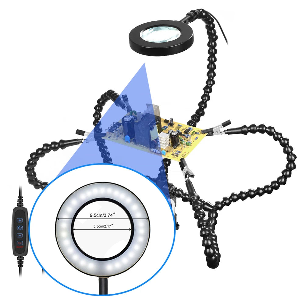 5Arm Welding Repair Tool Soldering Station with 3X Magnifier LED Light Bench Vise Table Clamp Clip PCB Holder Third Helping Hand