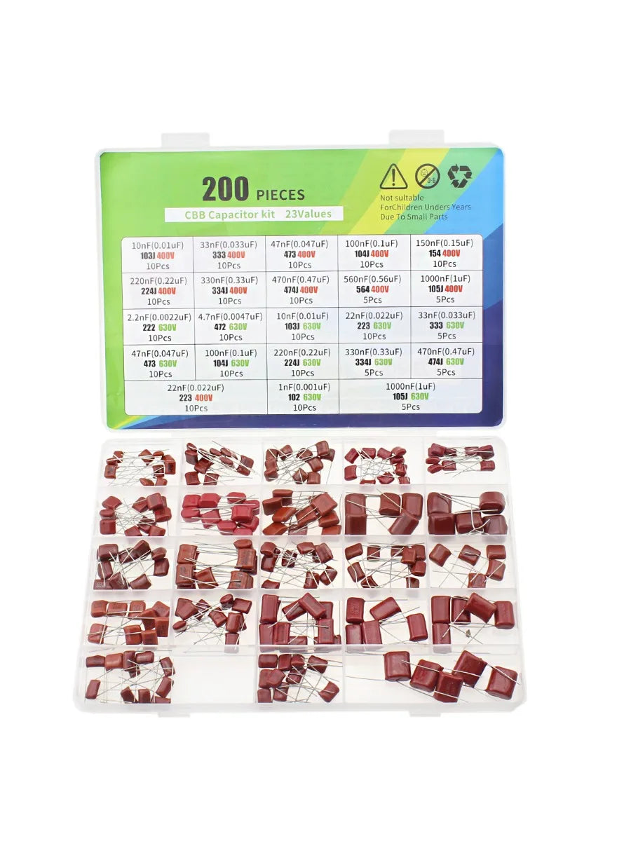 200PCS CBB Capacitor 23 Values 10nF-1000nF 330nF 560nF Metallized Polypropylene Film Capacitors DC 103J 334J 105J Assortment Kit