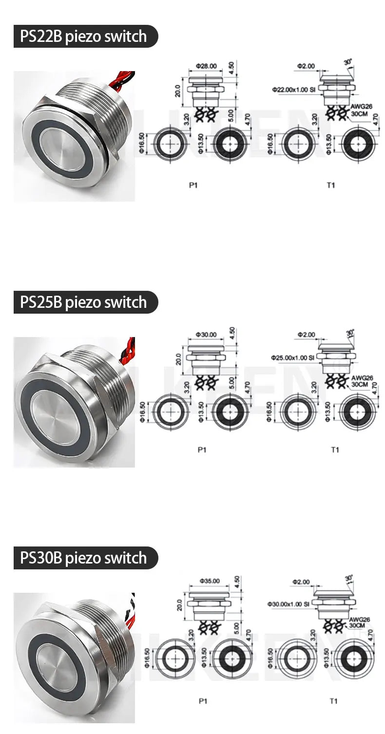 ABILKEEN 30mm 1NO Momentary/Latching Function Piezo Electric Switch IP68 Waterproof Pressure-Sensitive Switch