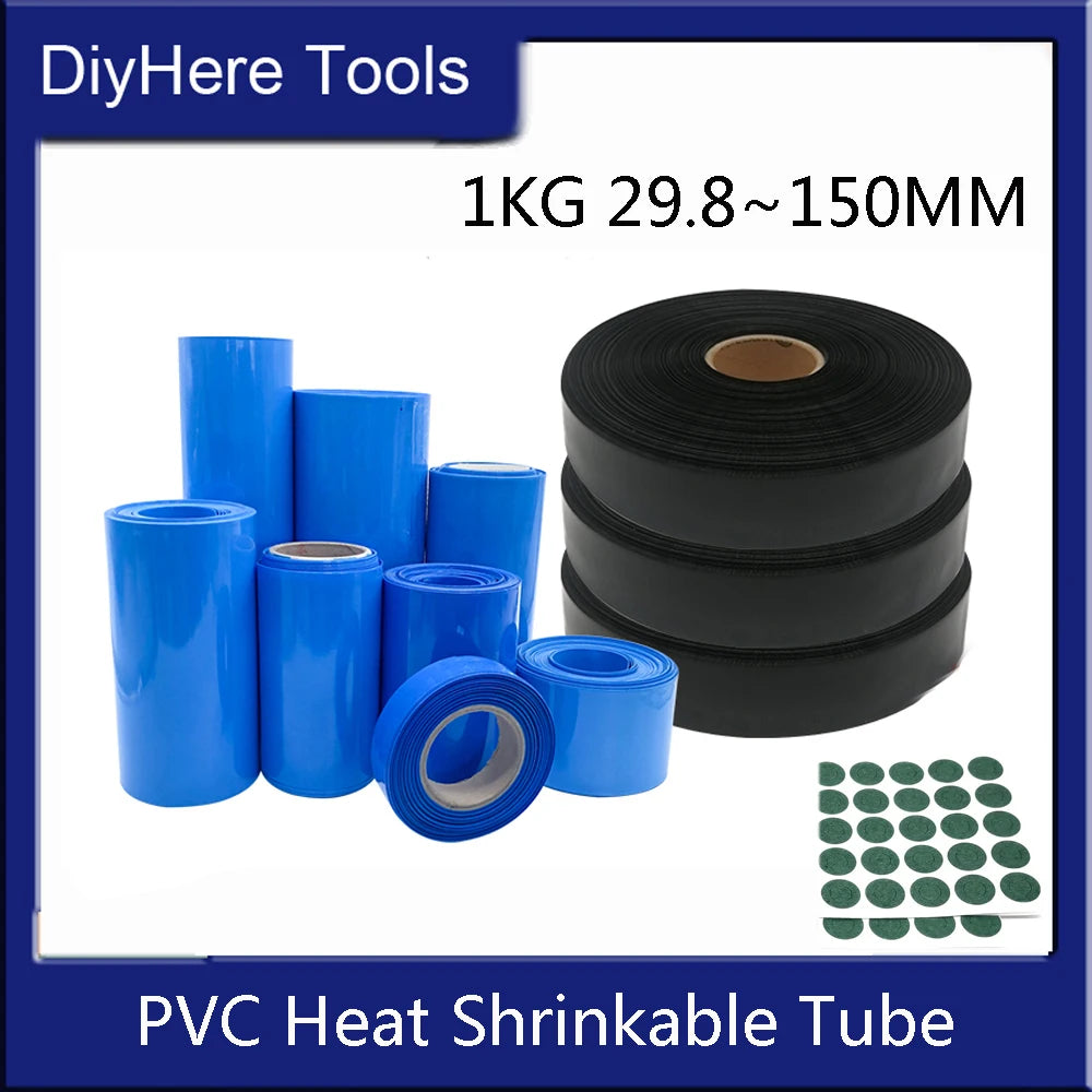 1KG 29.8~150MM PVC Heat Shrink Tube Shrinkable Cable Sleeve For 18650 Lithium Battery Pack + 100pcs Insulating Adhesive Paper