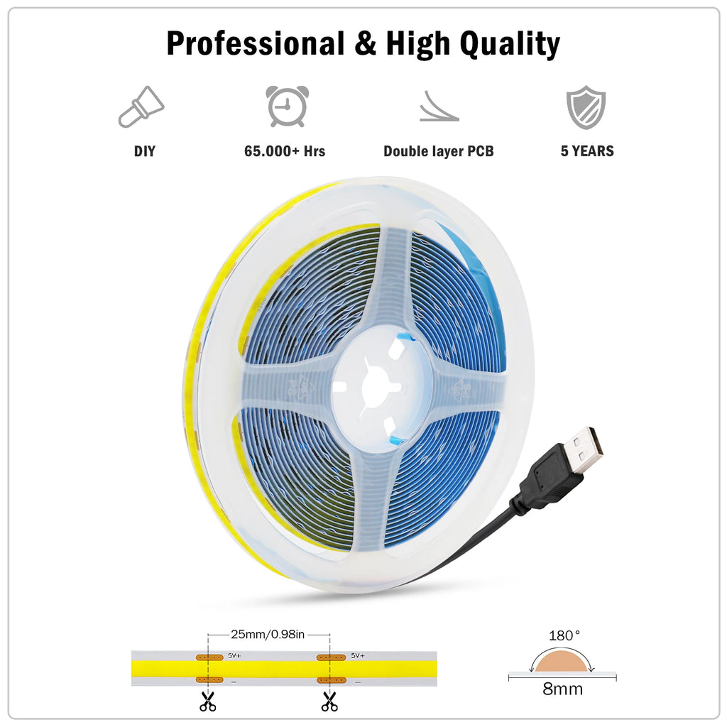 DC 5V USB COB Strip Width 8MM Flexible LED Strip Cabinet Light Lamp Home Decor TV Backlight Pink/Red/White/Ice Blue/Yellow/Green