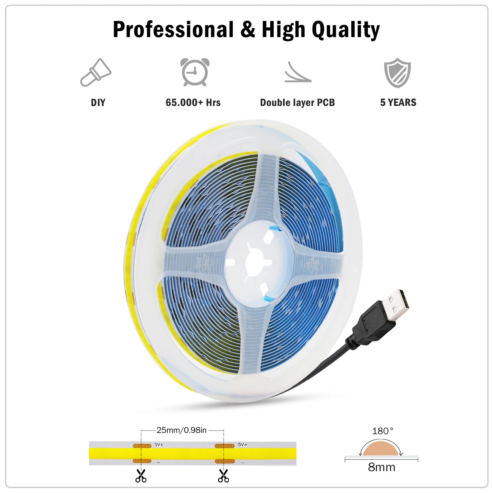 DC 5V USB COB Strip Width 8MM Flexible LED Strip Cabinet Light Lamp Home Decor TV Backlight Pink/Red/White/Ice Blue/Yellow/Green