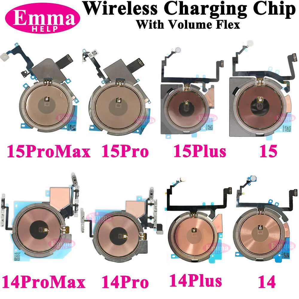 Wireless Charging Coil NFC + Power Volume Flex Cable for iPhone 14 14 Plus 15 15 Pro Max 16 – WPC Charging Antenna