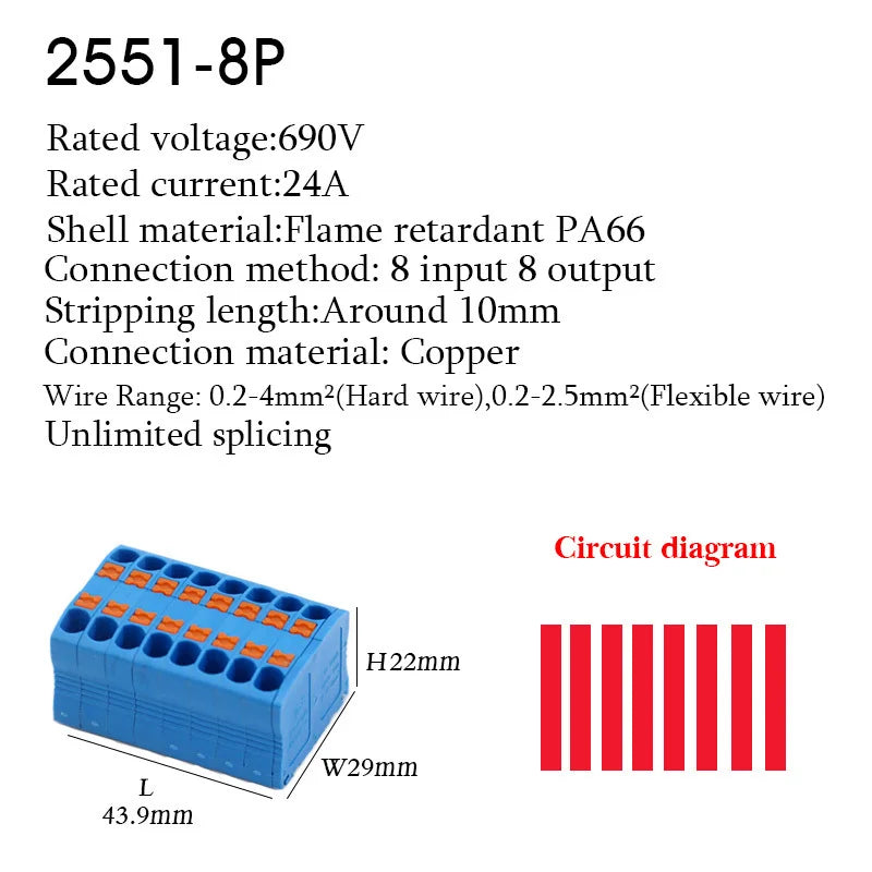Electrical Cable Wire Connectors Push-in Terminal Block Universal Compact Wiring Multiple In Out Spliceable Mount On Din Rail