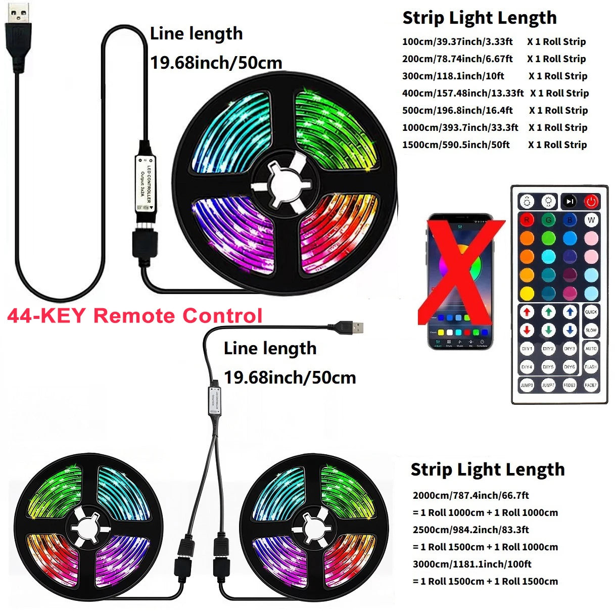 44KEY WiFi IR RGB LED Strip Controllerr/24Key Infrared Dimmer Blue Backlight Multi Light Modes RGB LED Ambient Decor Tape Lights