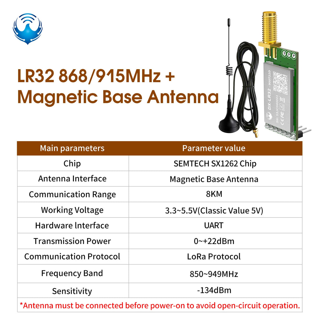 DX-LR32 SX1262 LoRa UART Module AT Command 5KM Range 432-533/850-949MHz No Programming Needed CE FCC Arduino