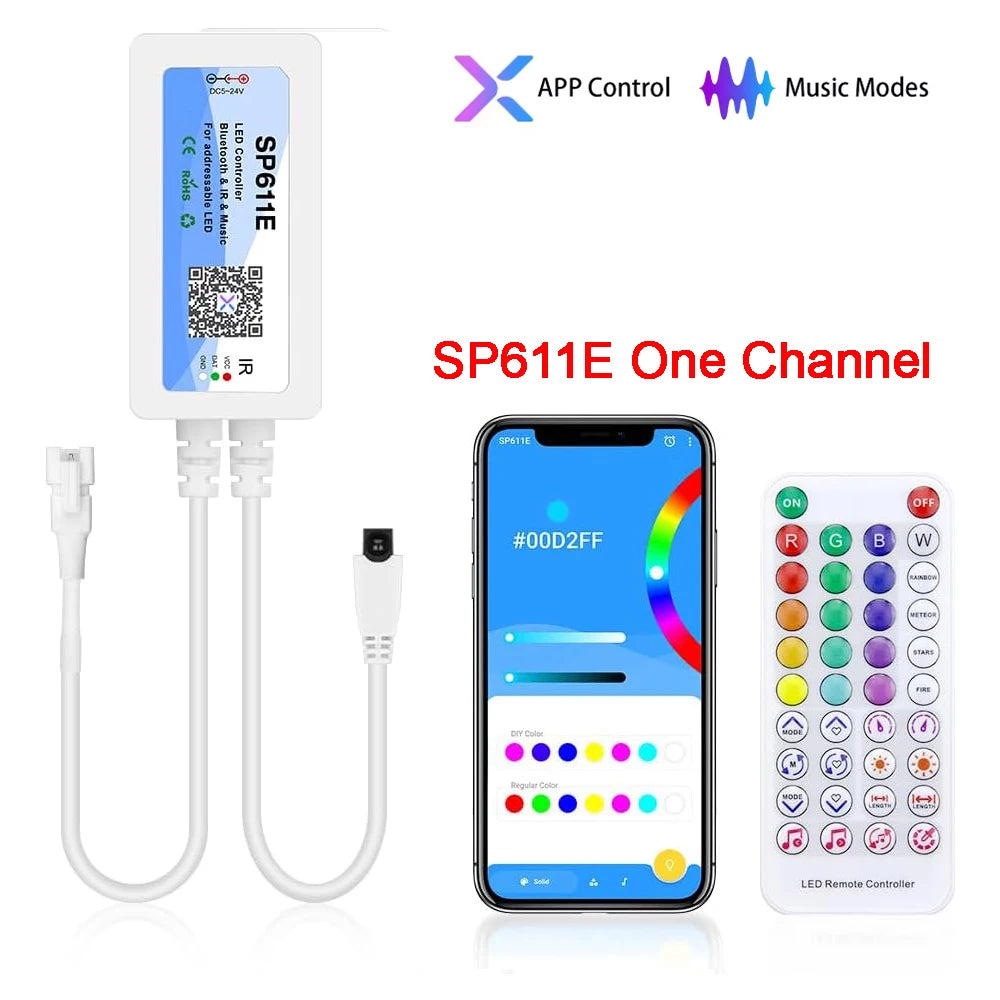 Wholesale SP611E DC5V-24V WS2812B WS2811 Bluetooth Music LED Strip Controller IR38 Keys Remote APP For Addressable LED Lighting