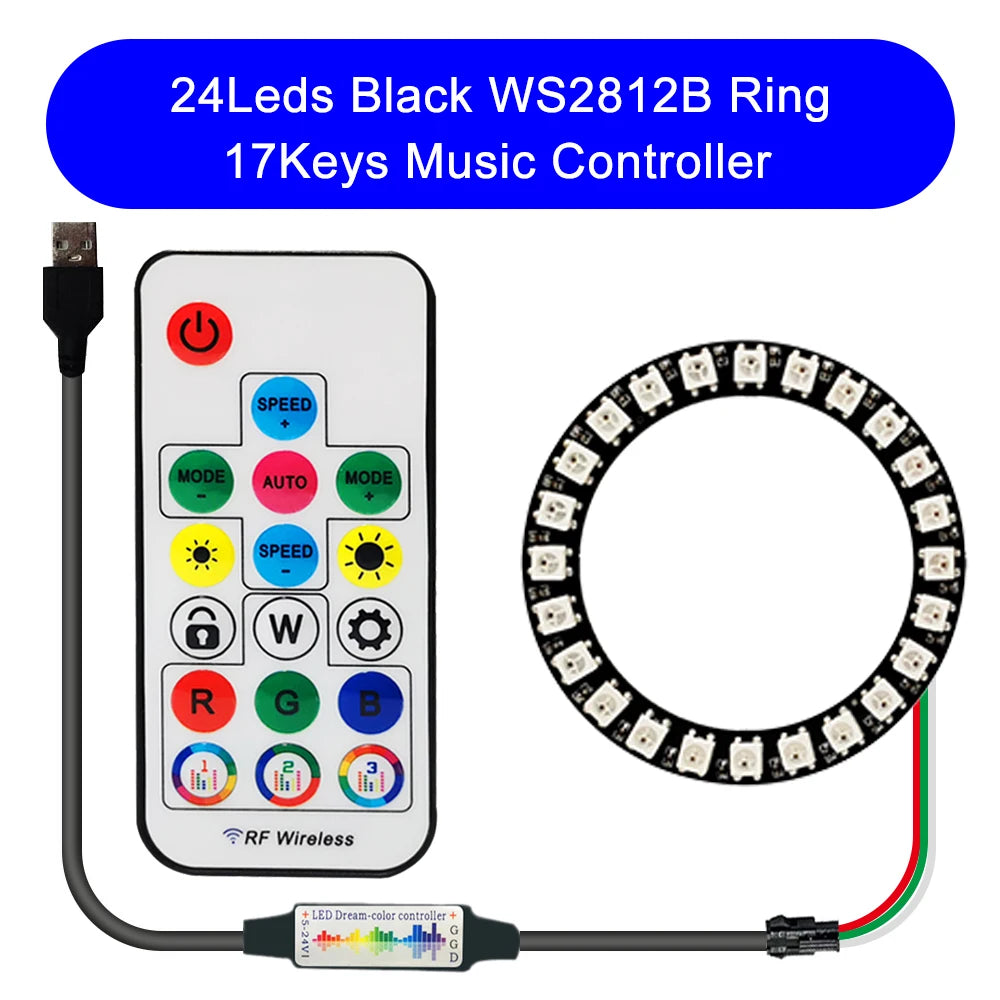 DC5V WS2812B DIY LED Ring 8 to 241 Pixels 5050 RGB Individually Addressable WS2812 Round Modules With 17Keys Music RF Controller