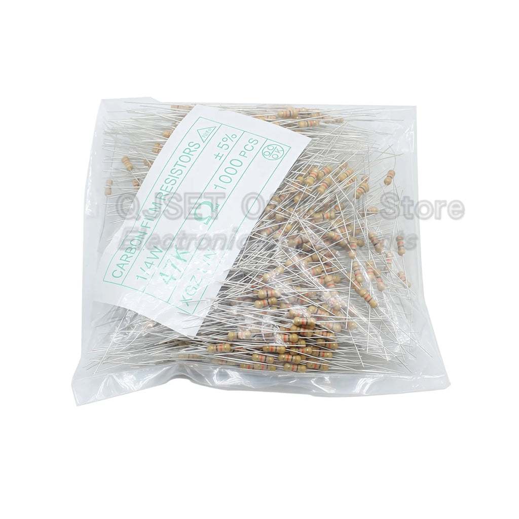 1000pcs 1/4W Carbon Film Resistors ±5% 4Color Ring Resistor Components 0.25W 1kR 4.7K 10K 22K 47K 100K 470K Ohm 1 10 100 220 Ohm