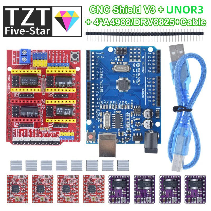TZTUNO R3 Shield V3 Engraving Machine 3D Printe+ 4pcs DRV8825 Or A4988 Driver Expansion Board For Arduino With USB Cable