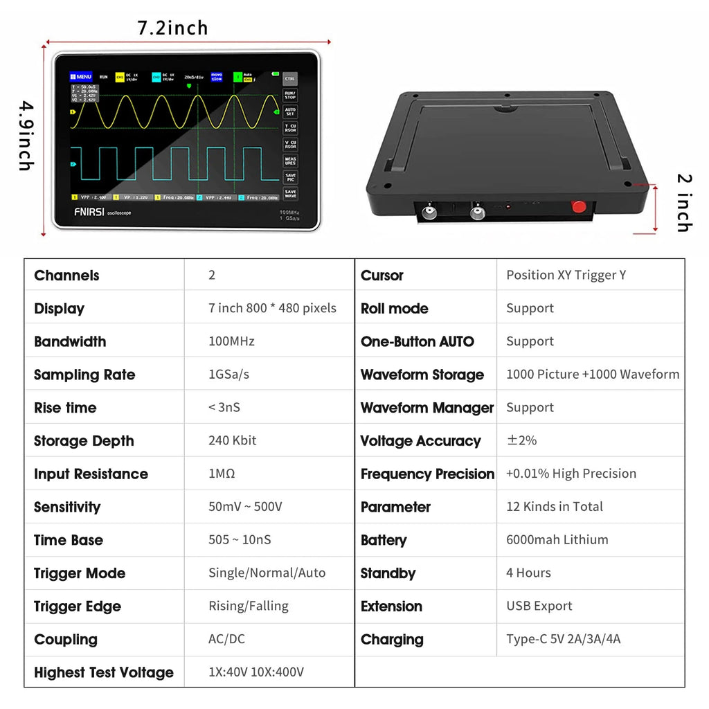 FNIRSI 1013D Plus Oscilloscope - Portable Handheld Tablet Oscilloscope with 100X High Voltage Probe, 2 Channels 100Mhz Bandwidth