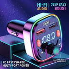 Wireless Car Bluetooth 5.0 FM Transmitter Radio Adapter RGB Light PD Fast Charger 3 Ports Hands-Free Call Bass Boost MP3