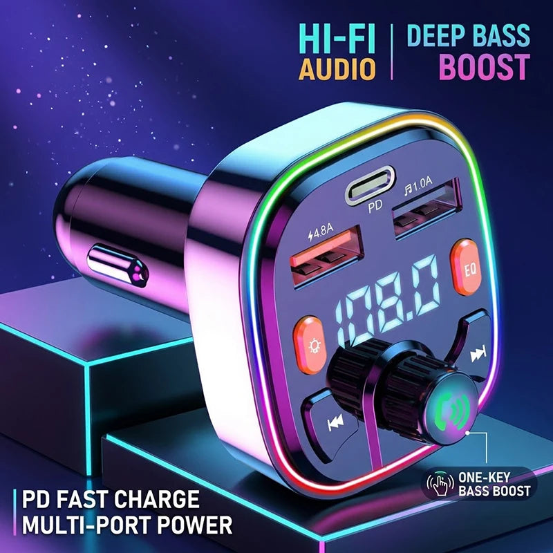 Wireless Car Bluetooth 5.0 FM Transmitter Radio Adapter RGB Light PD Fast Charger 3 Ports Hands-Free Call Bass Boost MP3