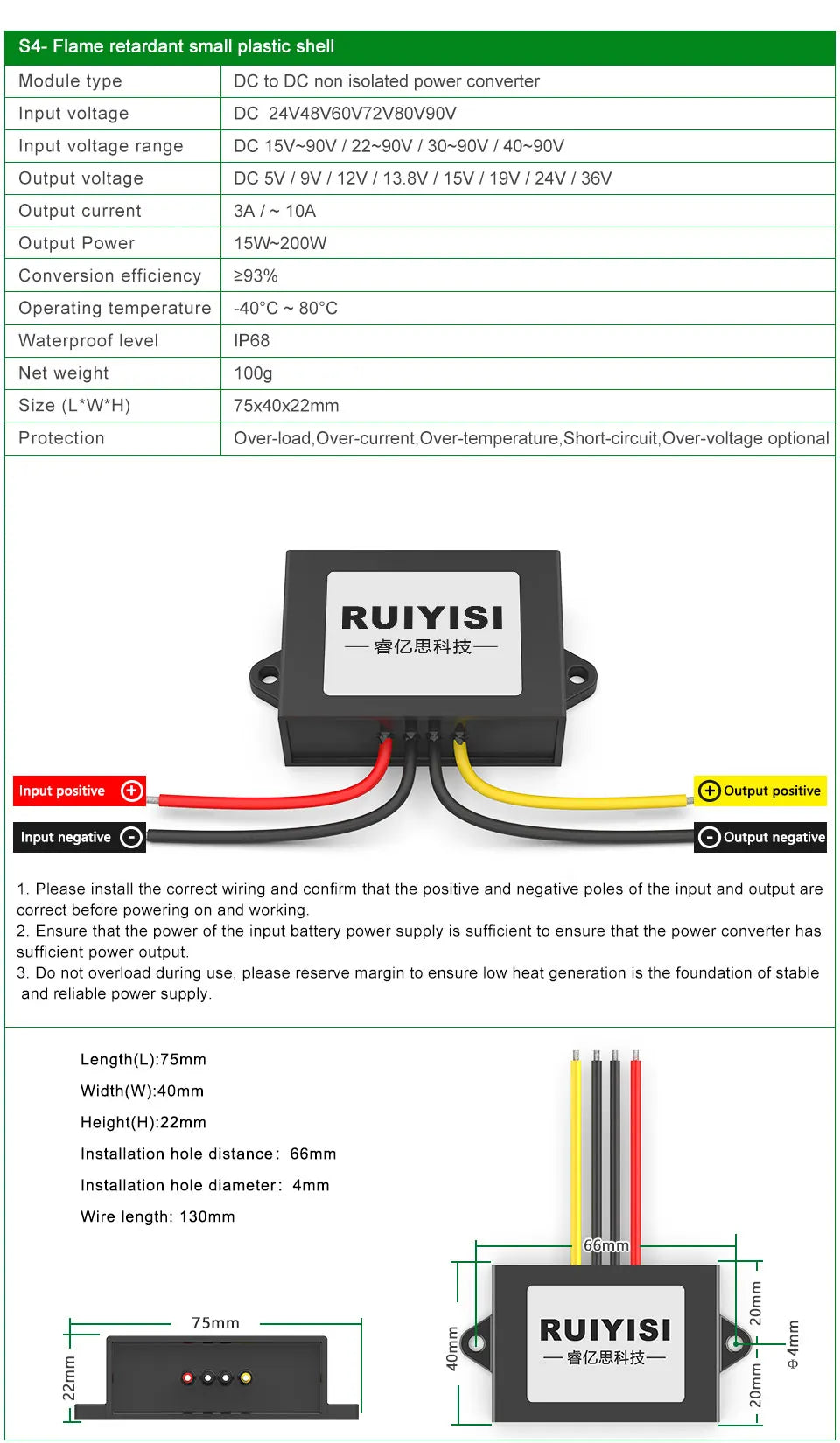 RUIYISI 15V-90V to 12V Converter 24V36V48V60V 80V 90V 72V to 24V 5V 9V 13.8V 15V 19V 36V Solar Voltage Reduction Power Module