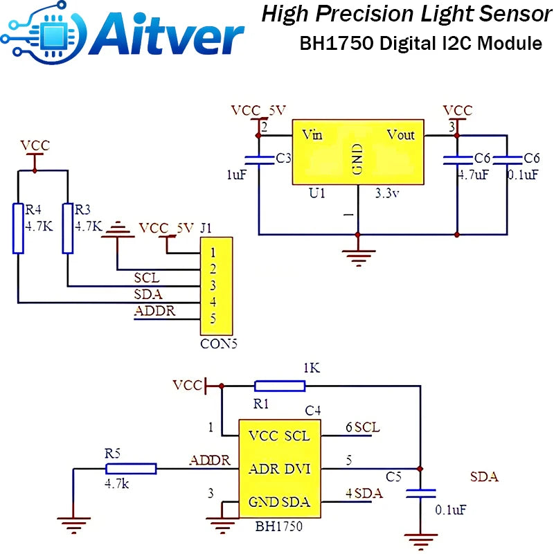 GY302 BH1750 Digital Light Sensor Module 16 Bit Ambient Light Detector I2C 3 to 5V for Arduino ESP32 Raspberry Pi