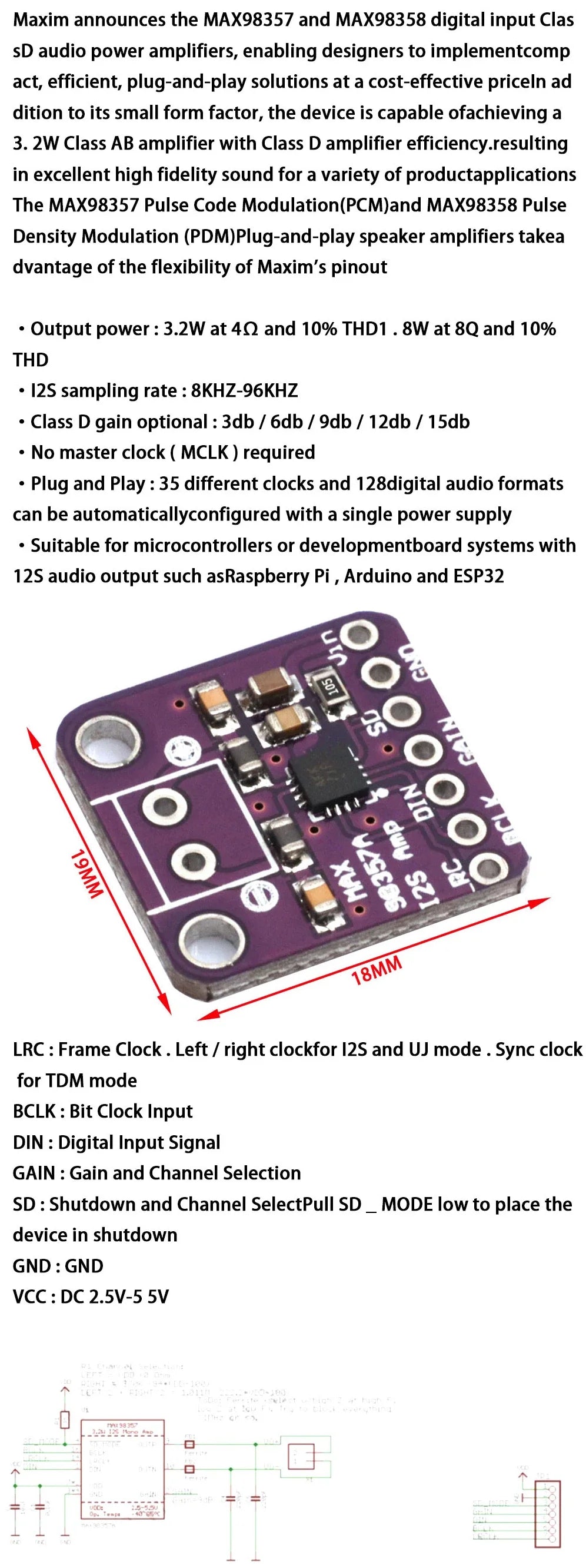 MAX98357 MAX4466 MAX9814 Electret Microphone Amplifier Stable MAX9814 Audio Amplifier Module Support ESP32 Raspberry Pi