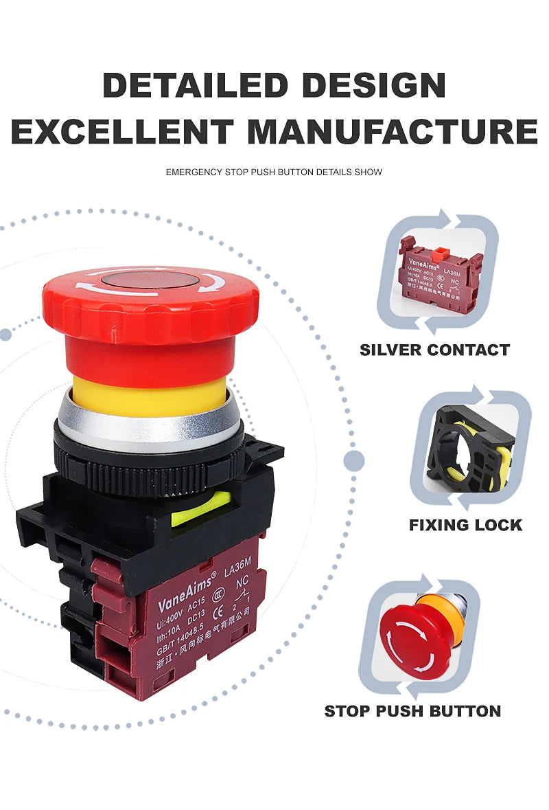 30mm LA36M Plastic Mushroom E-stop Switch Emergency Stop Push Button Switch Latching Self Locked with Red LED Light 12v 24v 220v