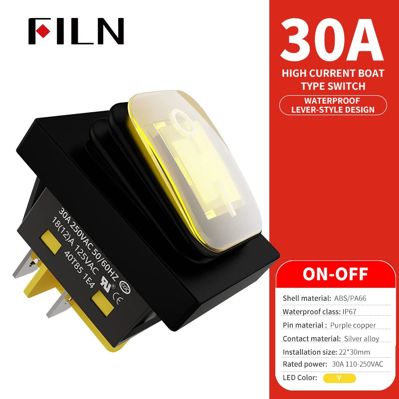 FILN 30A/220V Heavy Duty 4 Pin DPST IP67 Sealed Waterproof T85 Auto Boat Marine Toggle Rocker Switch with LED 12V 220V 30x22