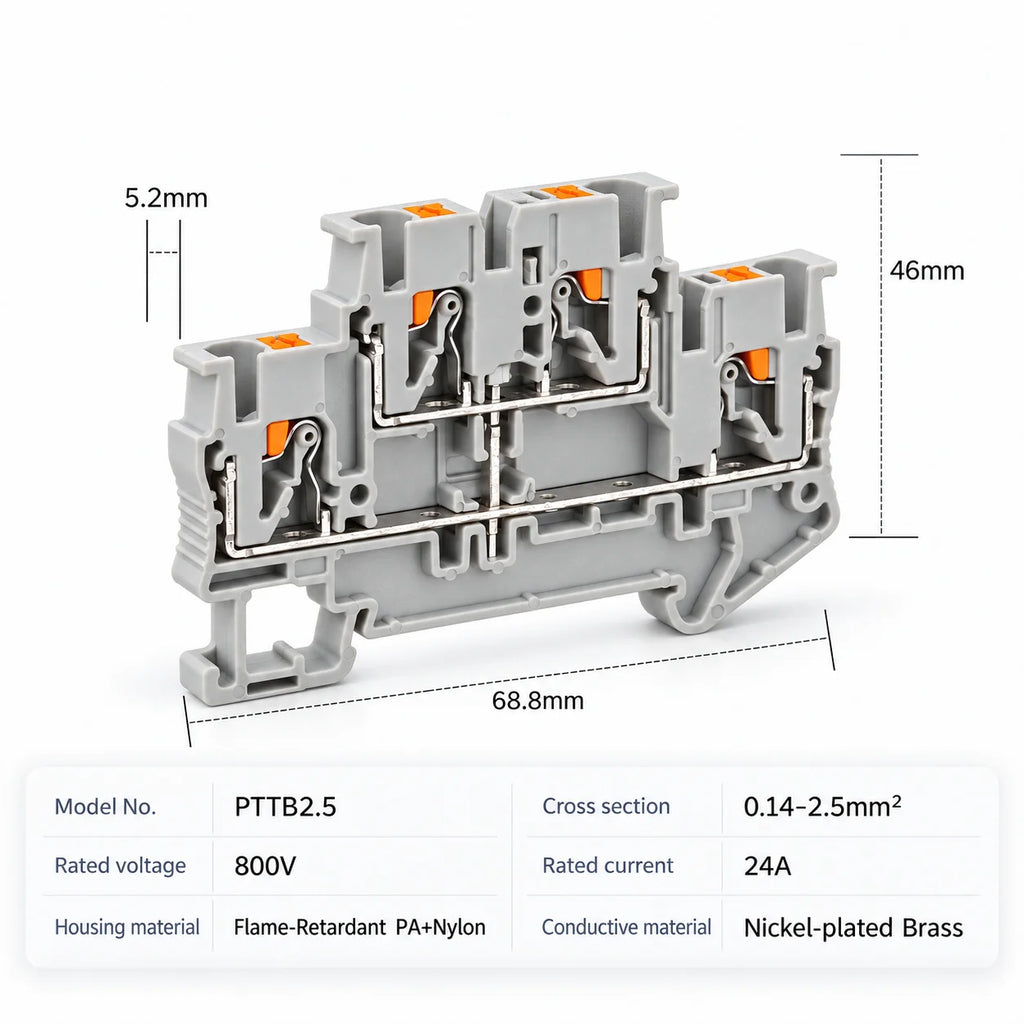 DIN Rail Terminal Blocks PTTB-2.5 Push-In Double Level 0.14-2.5mm2 Screwless Electrical Wire Connectors for Control Panel Wiring