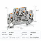 DIN Rail Terminal Blocks PTTB-2.5 Push-In Double Level 0.14-2.5mm2 Screwless Electrical Wire Connectors for Control Panel Wiring