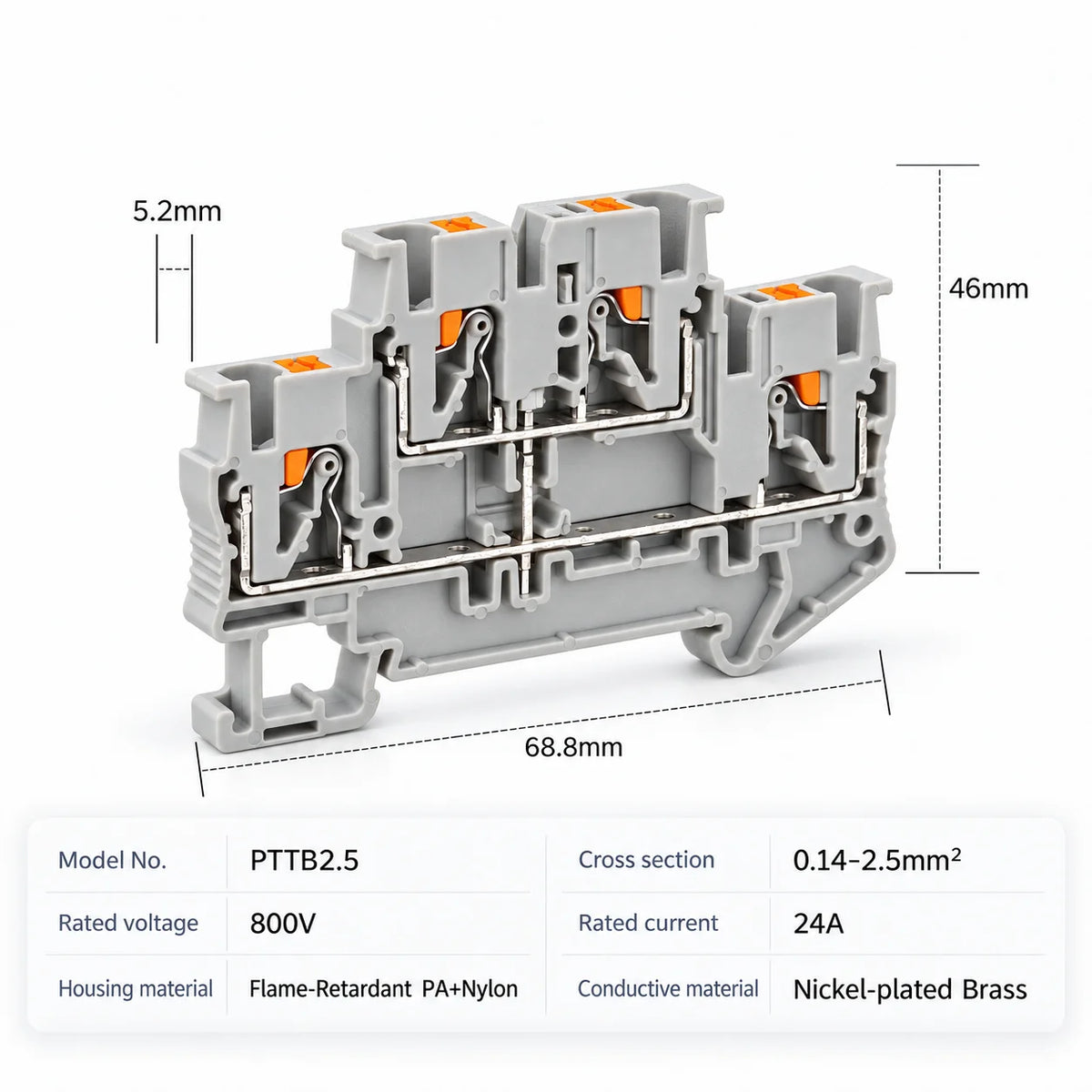 DIN Rail Terminal Blocks PTTB-2.5 Push-In Double Level 0.14-2.5mm2 Screwless Electrical Wire Connectors for Control Panel Wiring