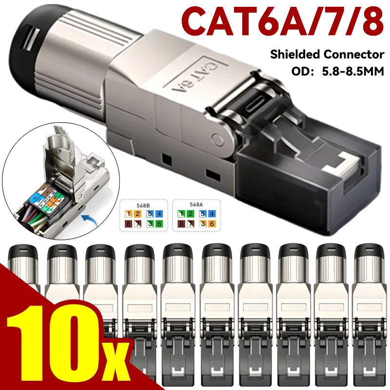 Toolless RJ45 Cat8 Cat7 Cat6A Connector for 22AWG-24AWG Shielded Modular Termination Ethernet Connectors 2000MHz 40G LAN Cable