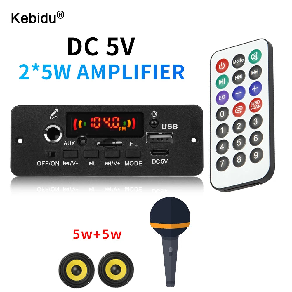 Kebidu 10W Digital Amplifier MP3 Decoder Board DC 5V Bluetooth 5.0 FM Support Microphone Car MP3 Player with Remote Controller