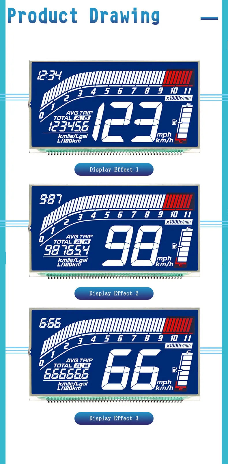 Wholesale Customization SJXDGN075 Wide Temperature Digital Display LCD Screen HTN Anti Glare Segment Code Screen for Motorcycles