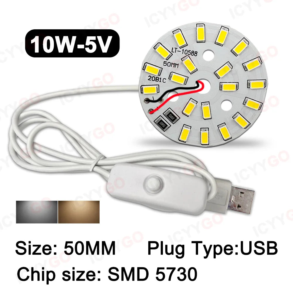 USB 3W 5W 10W DC5V 5730 2835 SMD LED Light Board LED Chip White Warm Light with On/Off Switch Cable Light Source Light Board