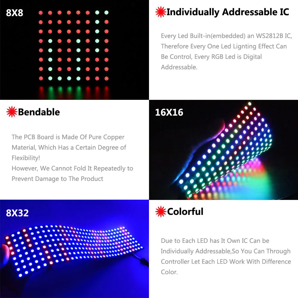 1-10Pcs WS2812B RGB Flexible 4X12 8X8 16x16 8x32 Pixel Led Panel Matrix Screen Module WS2812 Individually Addressable IC DC5V