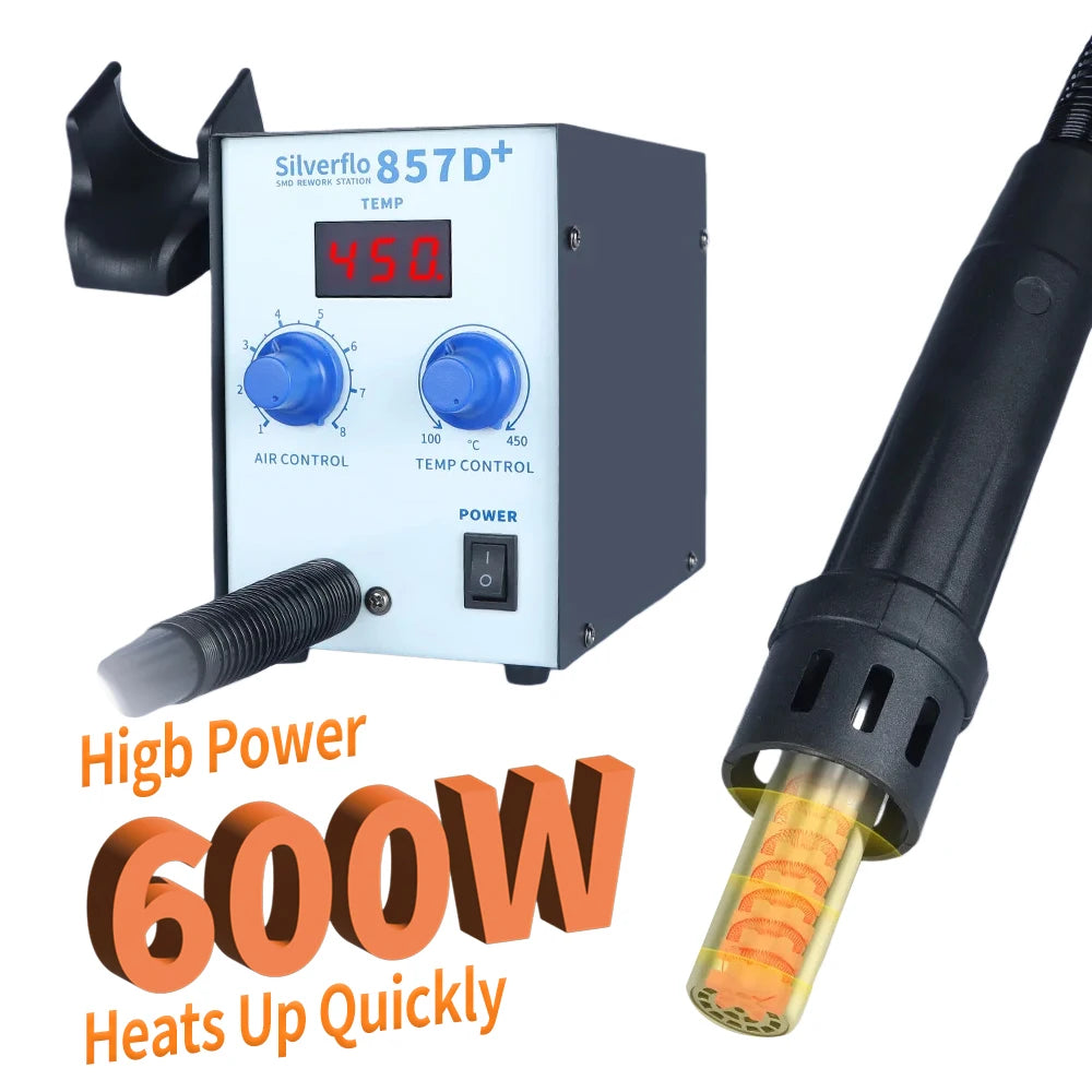 Silverflo Hot Air Welding Station 600W Hot Air Soldering Station Desoldering Station for SMD PCB BGA Rework Heat Shrinking 857D+