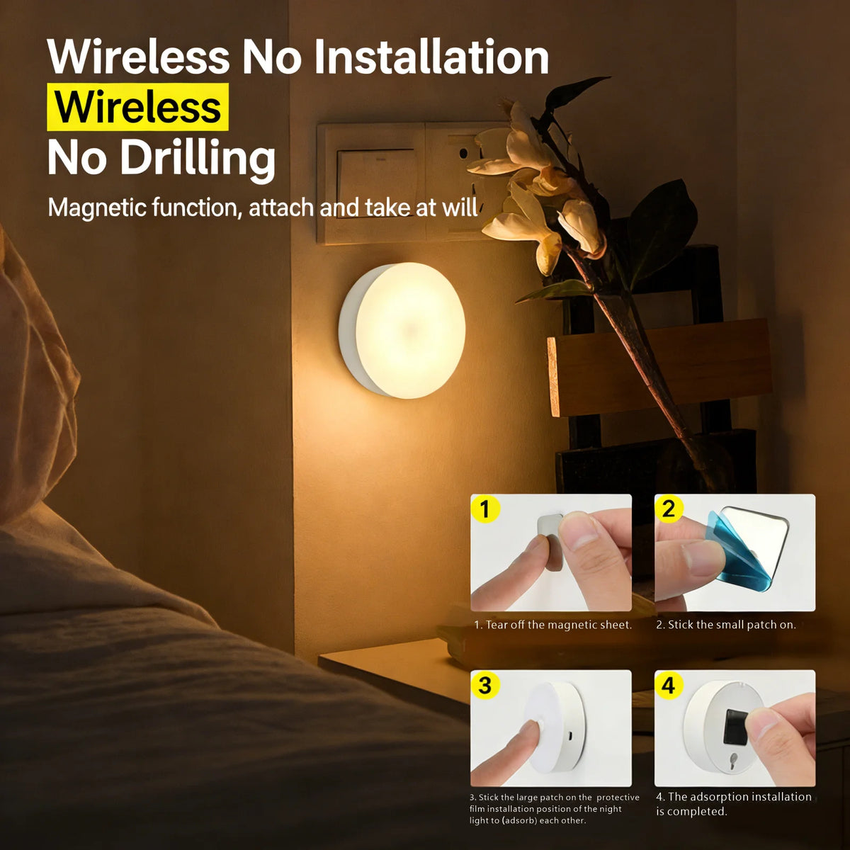 Motion Sensor LED Magnetic Night Light, 1/2 Pack Wireless Rechargeable Night Light, Auto On/Off for Bedroom, Wardrobe, Hallway