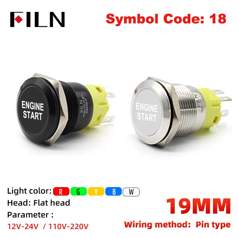 12V 19mm Warning LED Indicator Light Panel Metal Push Button Switch Lock and Momentary on Off with Dash LOGO Symbol