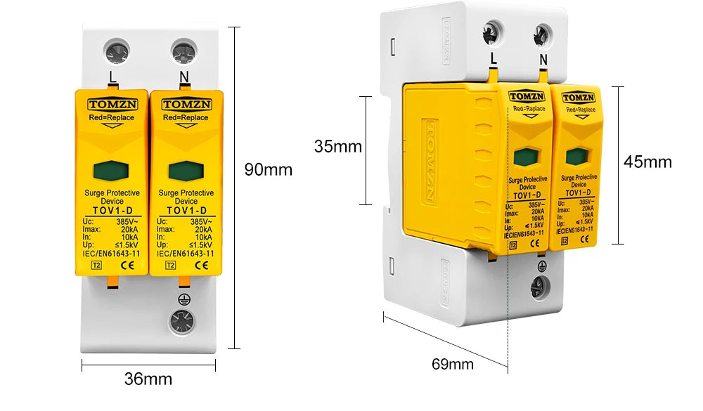 TOMZN AC SPD 2P House Surge Protector Protection Protective Low-voltage Arrester Device 10-20kA 20-40kA 30-60kA 275V 385V 420V