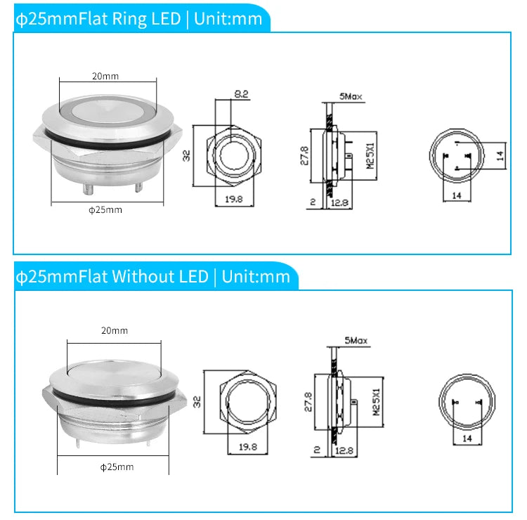12mm 16mm 19mm 22mm Ultra Short Micro Stroke Stainless Steel Push Button Switch with LED Lamp Waterproof Self-reset/Momentary