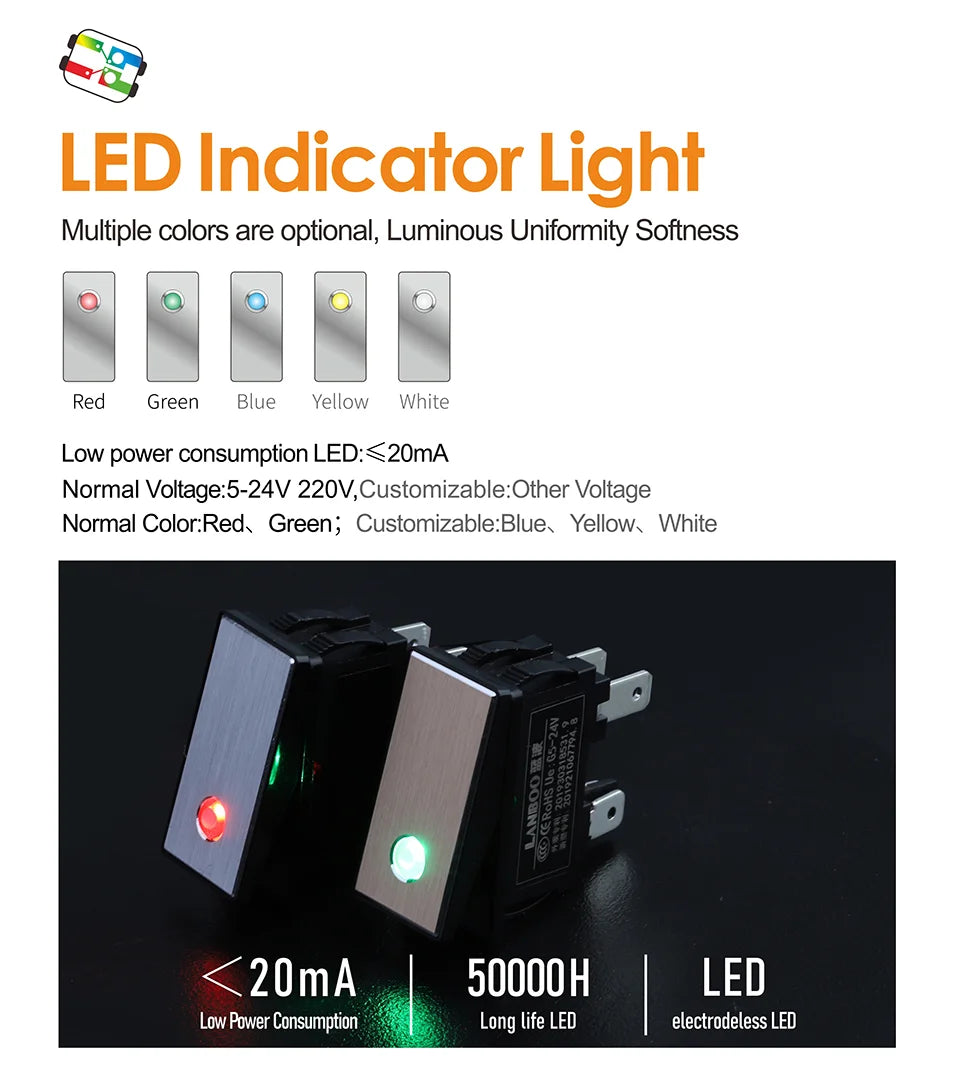 LANBOO High-End Quality Latching  Rocker Switch 20A 16Amp Current Push Button 2no2nc with LED 3-8V/9-24V/220V