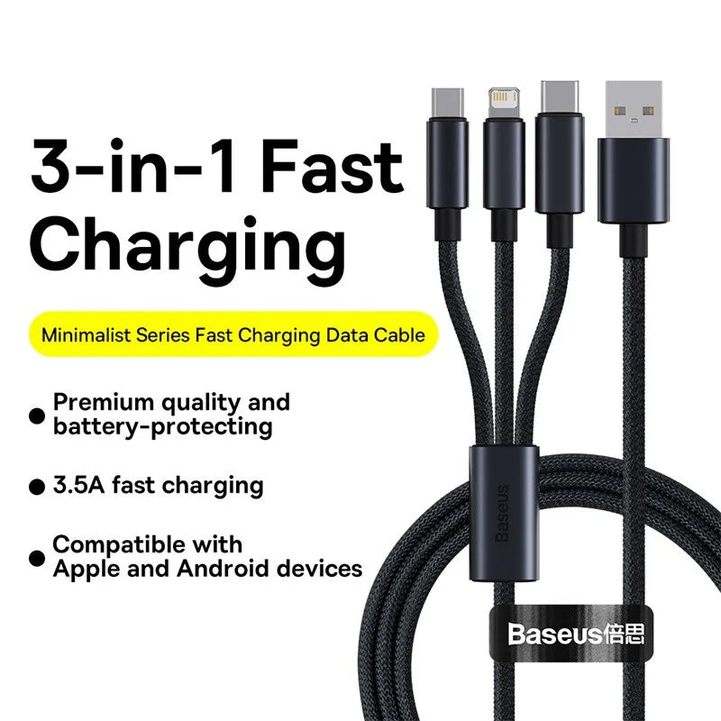 Baseus 3 in 1 USB Cable Type C Cable For Samsung Xiaomi Mi 9 Huawei Cable For iPhone 13 12 11 Phone Charger Micro USB Data Cable