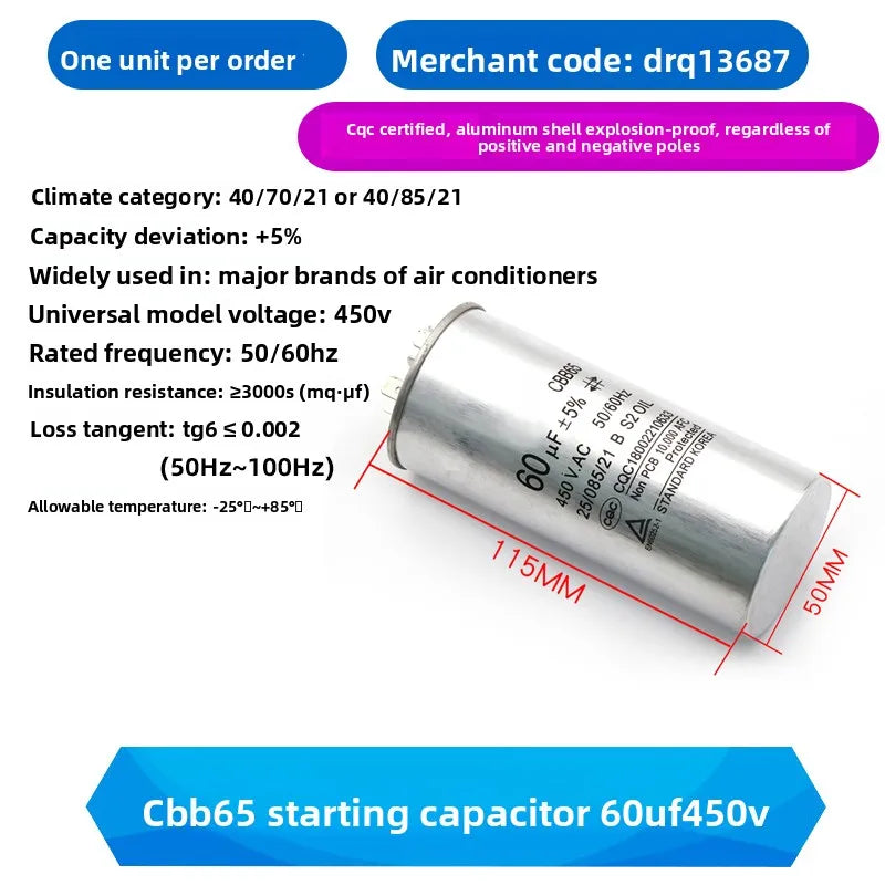 CBB65 AC Motor Capacitor Air Conditioner Compressor Start Capacitor 450VAC 5uF 20uF 25uF 30uF 35uF 40uF 45uF 50uF 60uF 70uF 5%