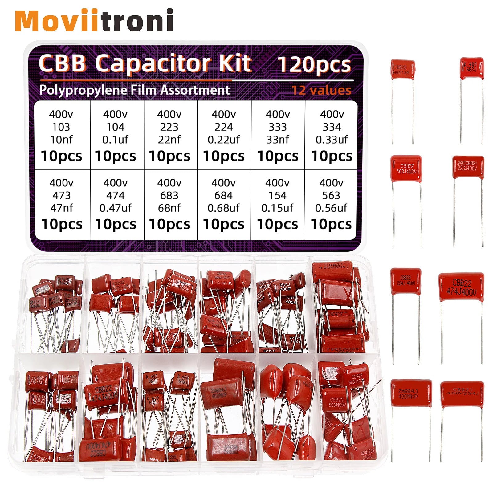 120pcs CBB Capacitor Assortment Kit Metallized Polypropylene Film Capacitors